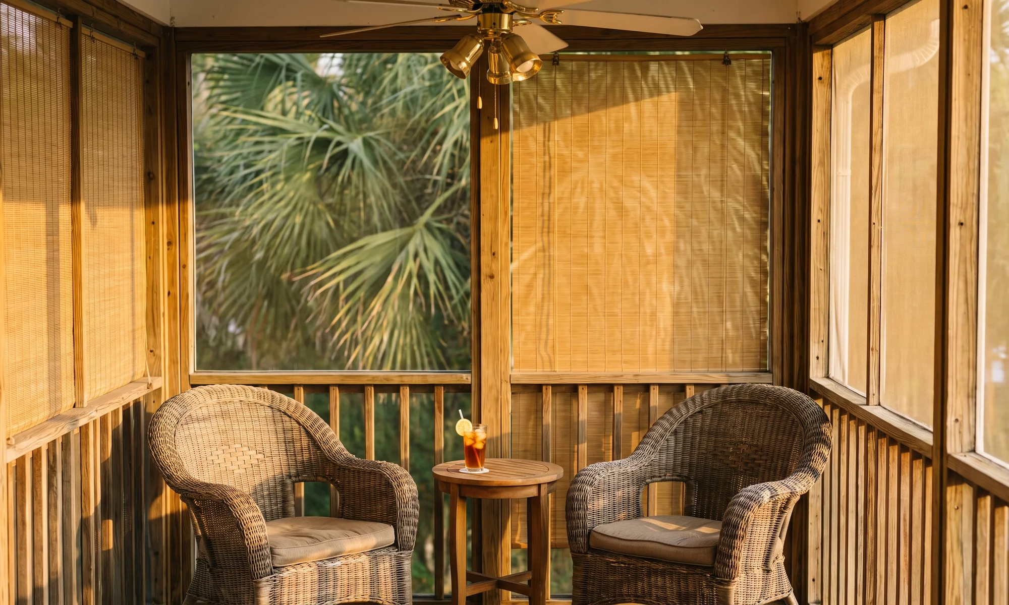 A screened back porch in late afternoon sun, two wicker chairs and a glass of iced tea on a small table.