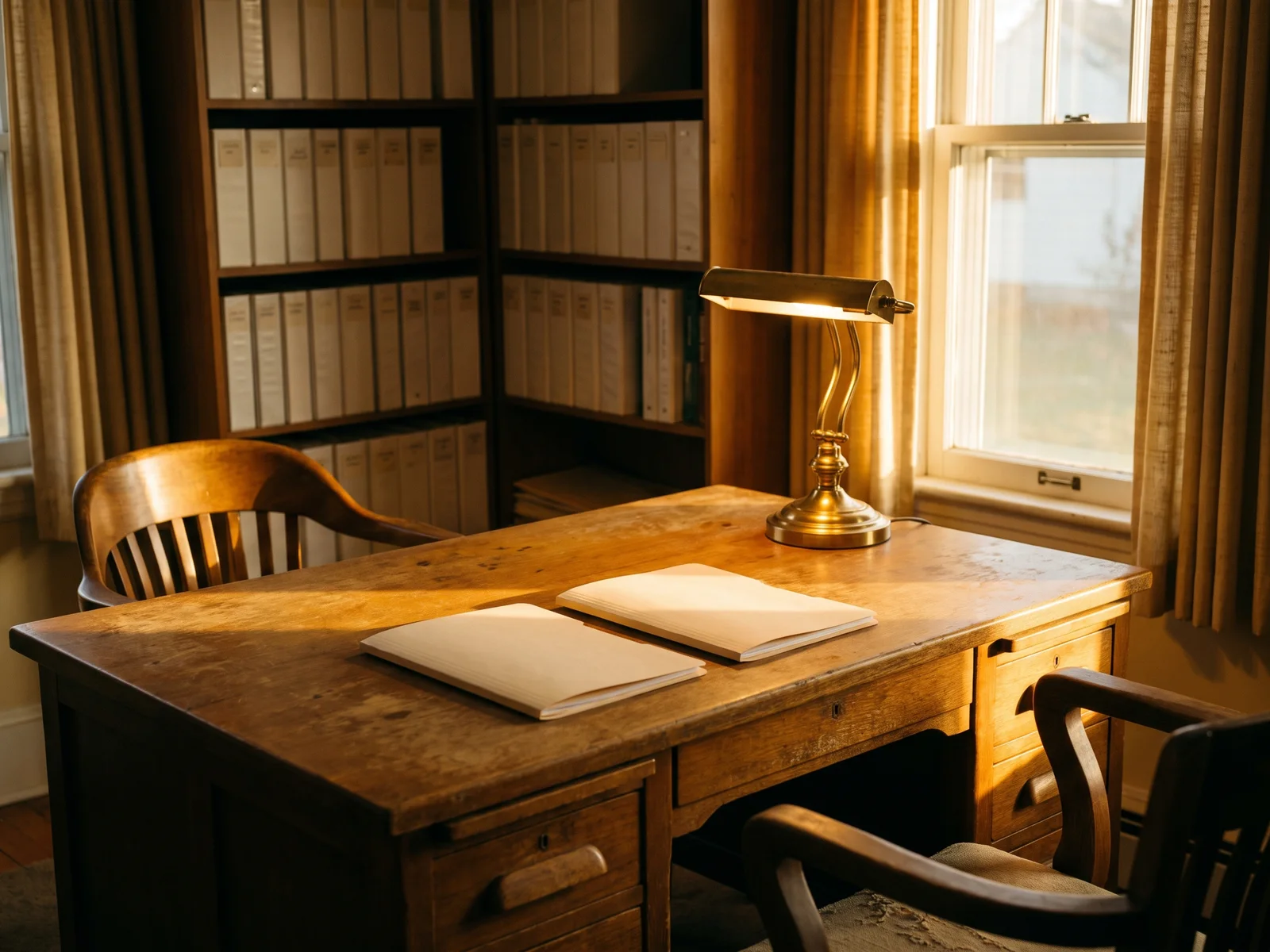 A small accounting office in late sun: a wooden desk with two closed manila folders side by side, a brass desk lamp, and shelves of plain binders.
