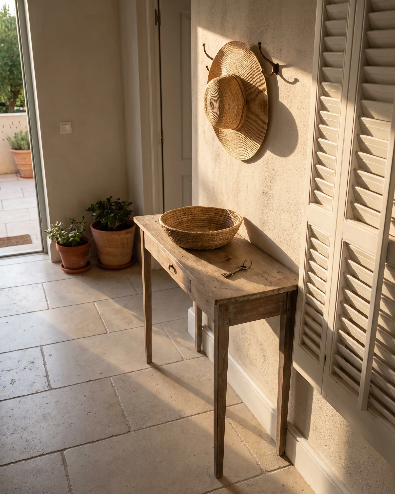 The entry of a warm-weather home in late sun: stone floor, a slim table with a woven bowl and a key, a straw hat on a hook.