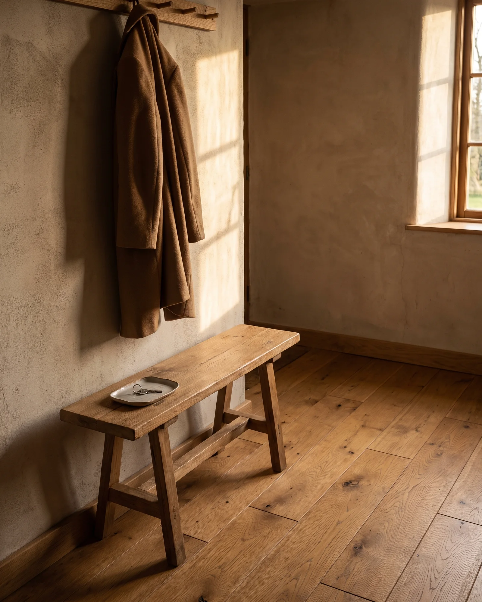 The entry of a northern family home in late sun: oak floorboards, a wooden bench, a wool coat on a peg, a key on a small tray.