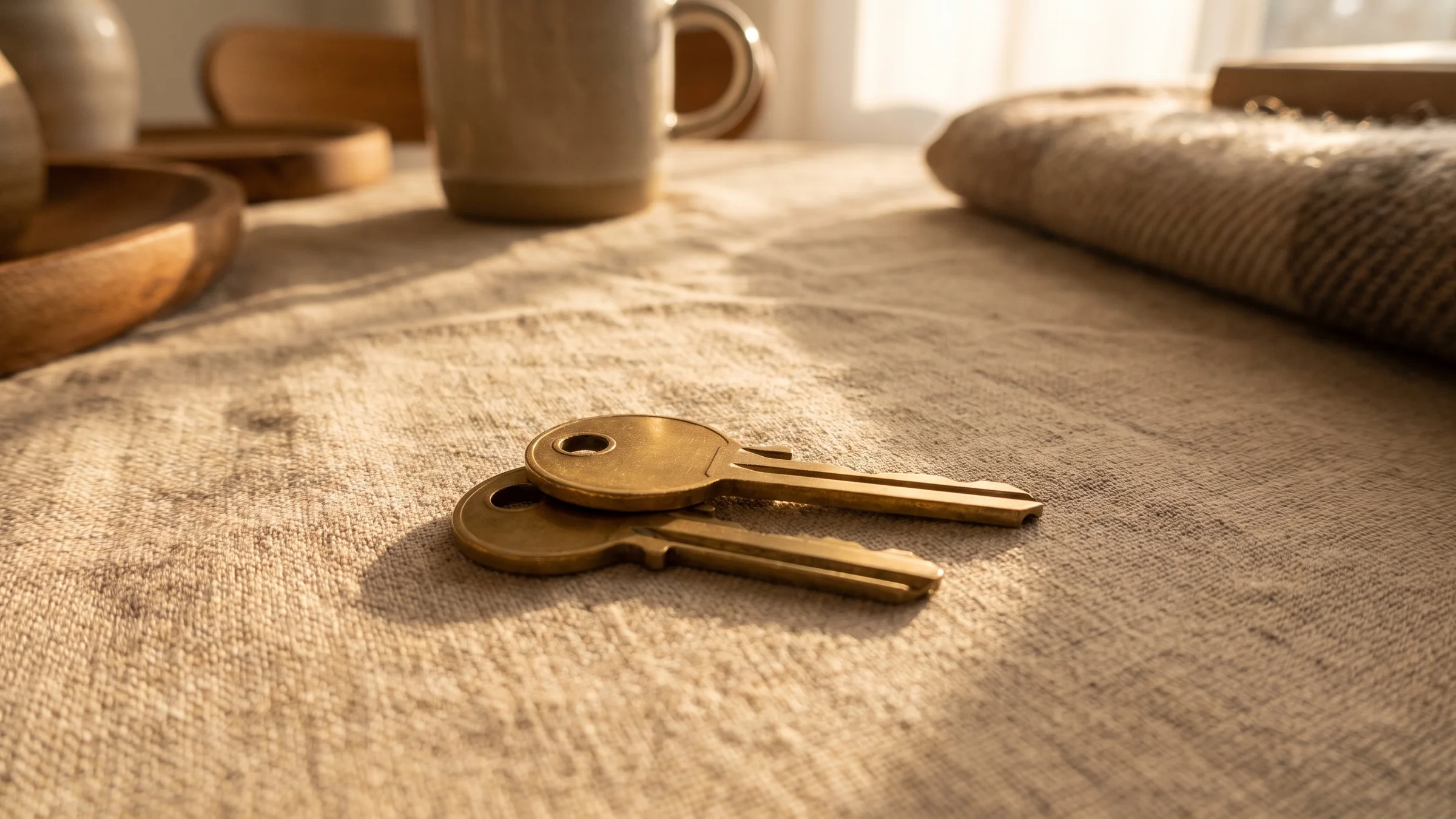 Two plain brass house keys lying together on a linen cloth in late sun.