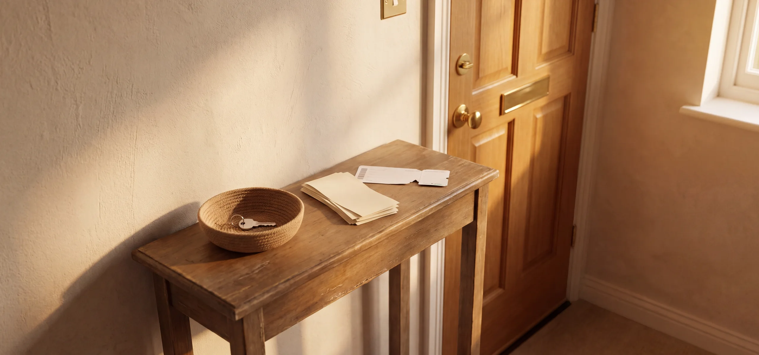 A slim wooden console by a front door in late sun, a woven bowl holding a house key, a small stack of paper receipts and a boarding pass stub beside it.