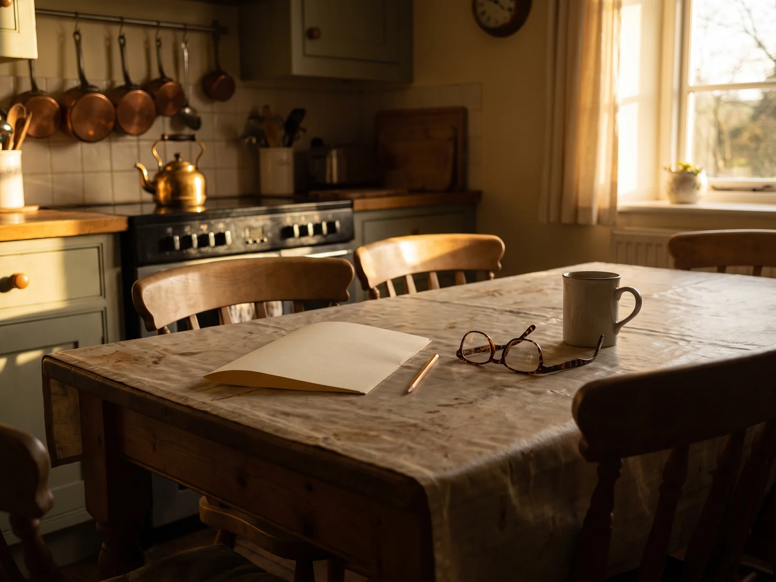 A kitchen table in late sun with a folded sheet of paper, a pencil, reading glasses and a mug.
